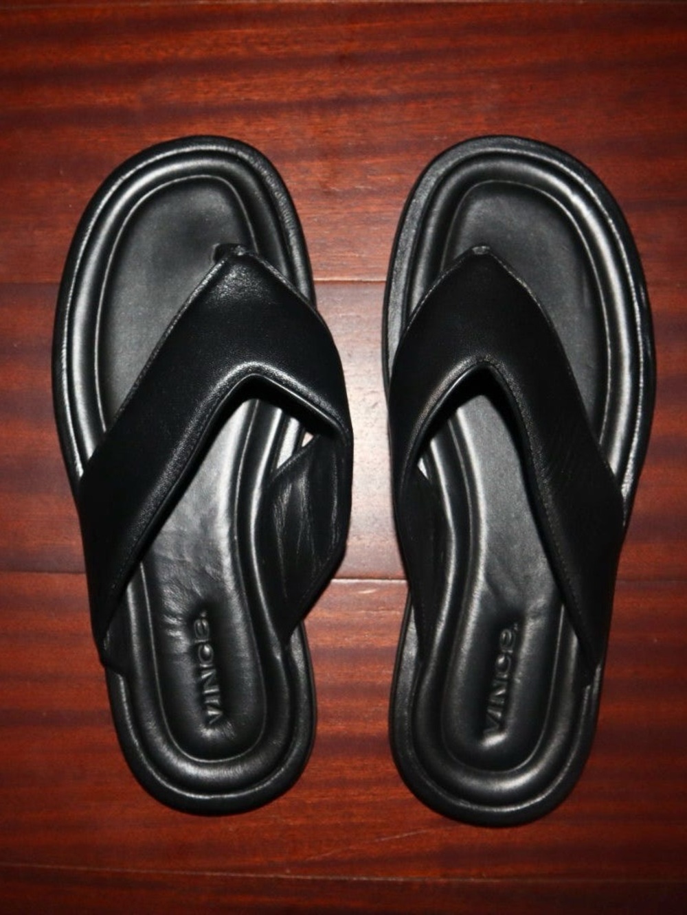Vince Black Leather Thong Sandals with Cushioned Footbed